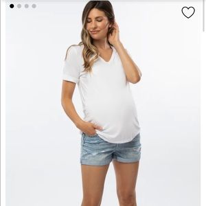 PinkBlush Medium Cuffed Jean Shorts w Full Maternity Panel - Distressed, EUC